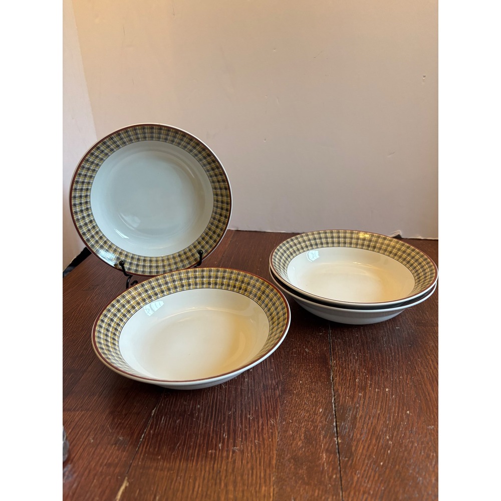 Set 4 Sakura Weathervane Debbie Mumm Plaid Rim Stoneware Bowls Soup Pasta 8.25in